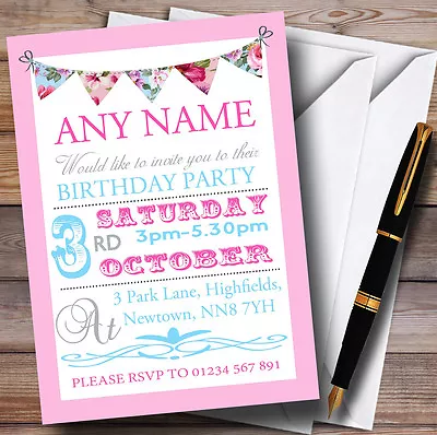 Pink Blue Bunting Tea Garden Birthday Party Personalised Invitations • £9.99