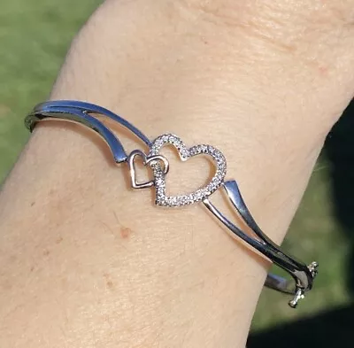 Genuine Diamond Heart Bangle Bracelet Sterling Silver With 10k Rose Gold Accent • $169.99