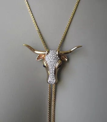 Vintage Signed PANETTA BOLO TIE Longhorn Steer Bull Slide Lariat Rhinestones • $95