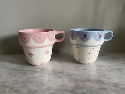 Marks And Spencer M&S Pair Of Pastel Floral Stacking Mugs Pink Blue • £8.95