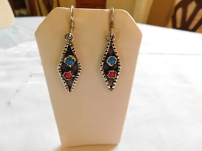 Vintage Sterling Silver Turquoise Red Coral Dangle Earrings • $18