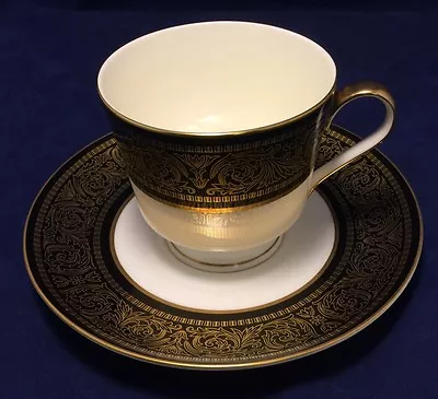 Mikasa Mount Holyoke Footed Cup & Saucer Set Gold Flowers Scrolls On Black Band  • $12.99