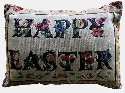 Pillow Vintage HAPPY EASTER Needlepoint Floral Accents Country Cottage 17 X12  • $19.99