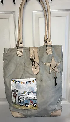 Vintage Addiction VW Beach Bus Recycled Canvas Leather Tote Bag • $14.99