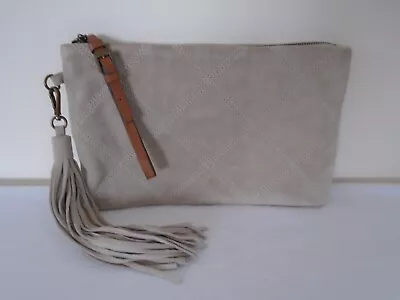 LADIES Jigsaw Clutch Bag. Beige Suede. Slim Zip Pocket Tan Strap Tassel EXC • £12.99