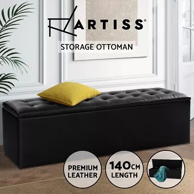 Artiss Storage Ottoman Blanket Box Bench 140cm Leather Chest Foot Stool Black • $119.95