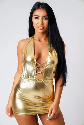 £14.95 • Buy Metallic Gold Micro Mini Dress Women's Ultra Short Sparkling Fitted Bodycon