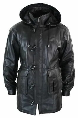 Mens 3/4 Long Real Leather Duffle Jacket Coat Safari Detachable Hood Classic • $199.99