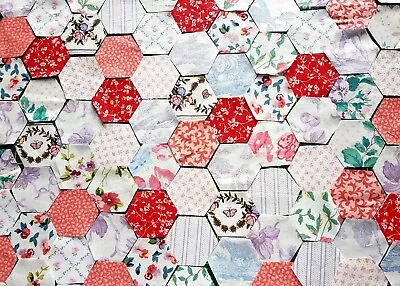  LAURA ASHLEY Vintage 60 Cotton Patchwork Hexagons Charm/quilt  Pink Red Lilac • £7