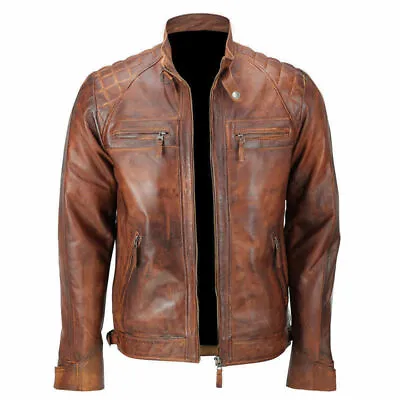 Cafe Racer Men Vintage Biker Distressed Quilted Brown Leather Jacket • $77.99