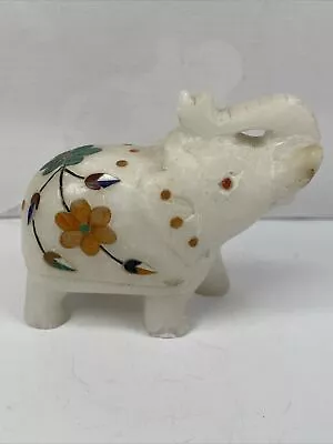 Hand Carved Marble Elephant Figurine Trunk Up Good Luck India Made • $15