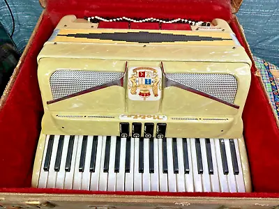 Vintage Noble Deluxe Brand Yellow Pearl Accordion W/ Wooden Case • $229.93