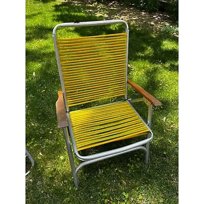 Vintage Aluminum Vinyl PVC Folding Lawn Beach Camping Chair W/ Arm Rests Yellow • $44.99