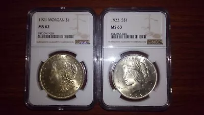 NGC Graded 1921 Morgan Dollar $1 MS62 & 1922 Peace Dollar $1 MS63 • $71