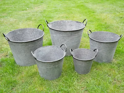£14.95 • Buy Large Round Galvanised Metal Bucket Planters Tub Plant Garden Flower Pot 5 Sizes