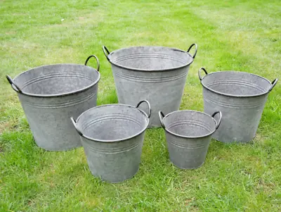 Large Round Galvanised Metal Bucket Planters Tub Plant Garden Flower Pot 5 Sizes • £24.95