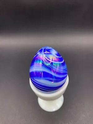 Vintage Blue Iridescent Glass Decorative Egg With Marbled Blue Colors Design • $19.95