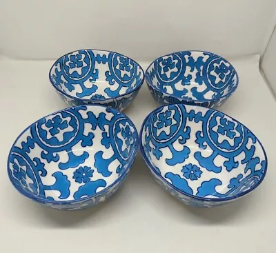 Anthropologie Gloriosa Blue Ceramic Bowls Set Of 4 Oval Cereal Moroccan Mandala  • $59.95