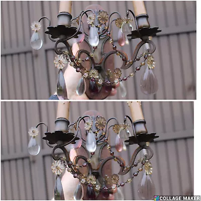 PAIR Antique French Wood Murano Glass Drops Wall Lights Sconces • $455