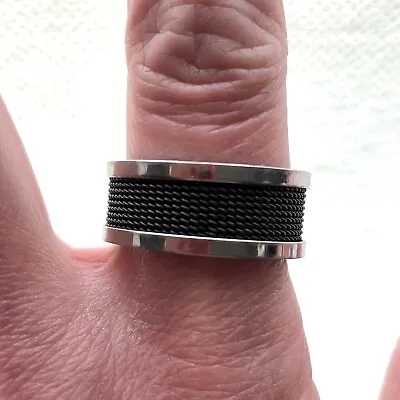 Chunky Black Mesh Ring Silver Tone Biker Statement Jewelry Men’s Gift Size 10 • $18