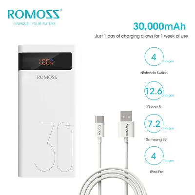 $54.99 • Buy ROMOSS 30000mAh Power Bank 18W Type-C PD QC3.0 Fast Charger+3A USB-C Data Cable