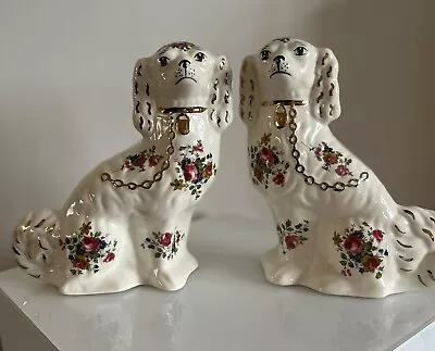 White Stunning Pair ANTIQUE Original STAFFORDSHIRE Wally DOGS Victorian FLORAL • £79