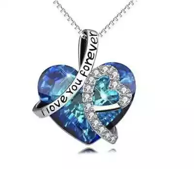 I Love You Forever Women Heart Blue Pendant Crystal Necklace Silver Plated • $9.99