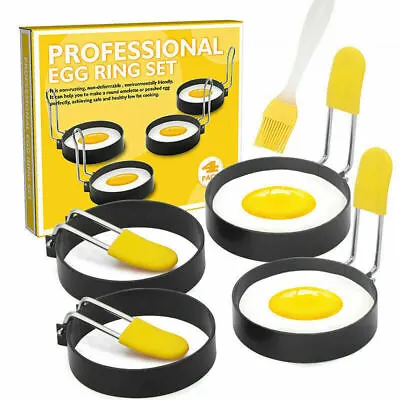 2/4Pcs Metal Egg Frying Rings Circle Round Fried/Poach Mould+Handle Non Stick UK • £7.88