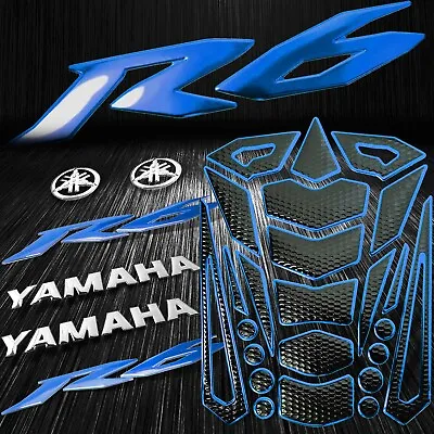 16PC Blue Fuel Tank Pad+YZF-R6/R6S Emblem Sticker+6 Silver Logo&Letter Decal Kit • $29.77