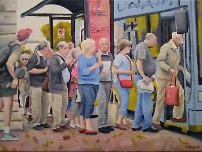 £75 • Buy ORIGINAL Elderly Portraits Bus Stop Oil Painting Canvas Wall Art Figure Modern