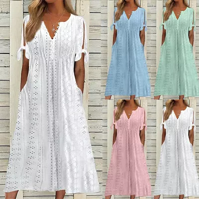 Women Holiday Beach Midi Dress V Neck BOHO Dress Summer Cold Shoulder Sundress • £16.49