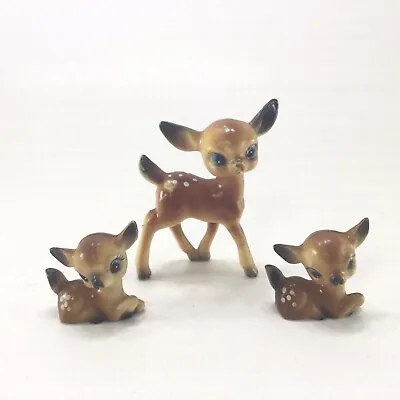 3 MINI Celluloid Hard Plastic Deer Fawn Bambi Christmas Blue Eyes MCM VTG • $25