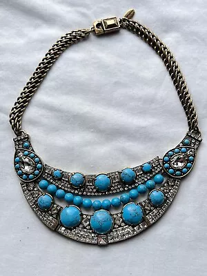 Vintage Ann Taylor Faux Turquoise Collar Necklace Clear Stones Chunky • $22.50