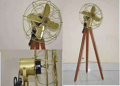 Antique Brass Table Fan With Wooden Tripod Stand Standing Portable Fan Decor • $147