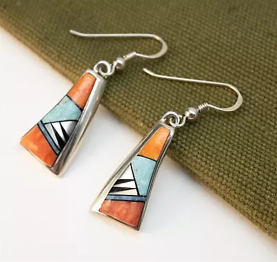 Navajo Marty Yazzie Gemstone Inlay Flags Sterling Silver Earrings • £20.08