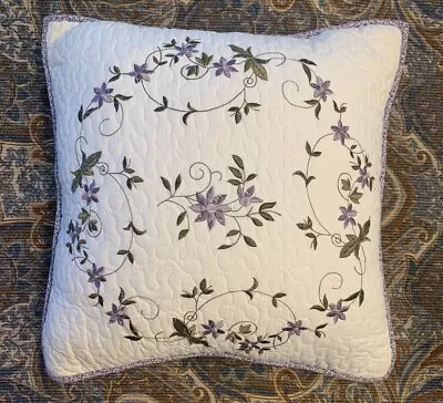 Vintage Floral Accent Pillow Embroidered Lilac Floral Throw Pillow 15”x15x7.5” • $23.95