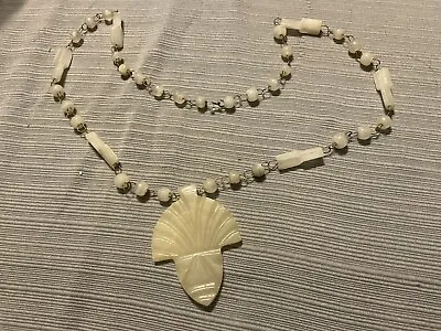 Vintage Mexico Carved White Onyx Tribal Pendant Bead Necklace • £24.10