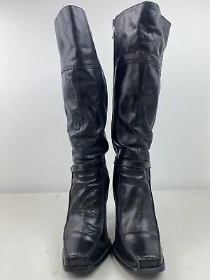 Two Lips Y2k 90s Black Leather Knee High Boots Size 9.5 Steampunk Granny Goth • $11.90