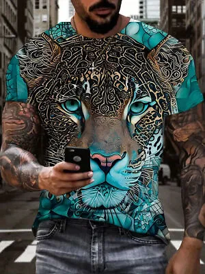T Shirt Men Leopard Teal Blue Graphic Print Fashion Short Sleeve Lightweight Tee • $18.86