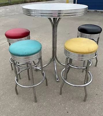 $1495 • Buy Vintage Stoneville Furniture Co. Tall Chrome Formica Table 4 Chrome Vinyl Stools