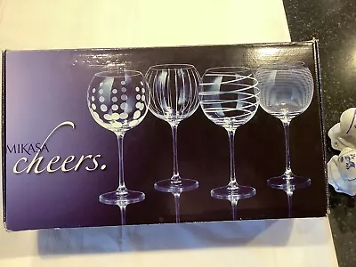 NIB Set Of 4 MIKASA CHEERS TOO  Balloon Crystal Wine Glasses MADE IN FRANCE 9  • $35