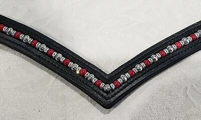 16  (Full/Horse) Black V-Shape Browband W/XL Loops & Red & Metal Beads • $50