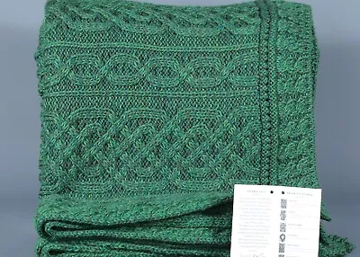 ARAN WOOLEN MILLS 100% MERINO WOOL GREEN Cable Stitch Blanket Throw 60”x40” • $85