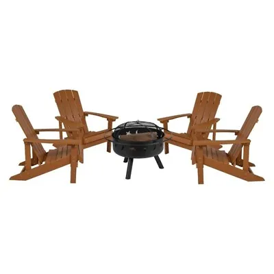 $1313.64 • Buy 5 Piece Charlestown Teak Poly Resin Wood Adirondack Chair Set With Fire Pit -