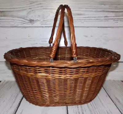 LARGE Vintage Hand Woven Oval Gathering Harvest Basket With Handles • $57