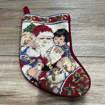 Vintage SMALL Needlepoint Christmas Stocking Santa W Children Toys Tree Bag • $8.80