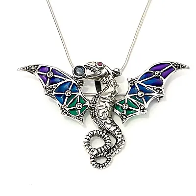 STERLING SILVER Plique A Jour Dragon Monster Brooch Pin Pendant & Chain Necklace • £85