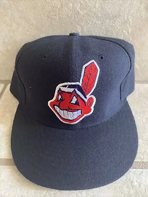 VINTAGE CLEVELAND INDIANS NEW ERA FITTED HAT 5950 DIAMOND Wool Sz 7 5/8 Blue • $50