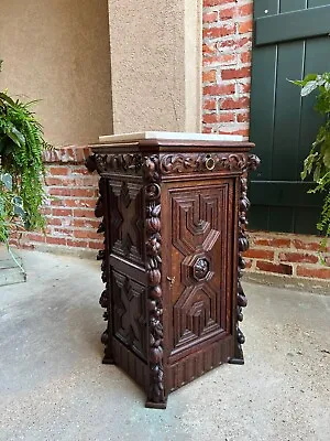 Antique French Louis XIII Cabinet Pedestal Table White Marble Carved Oak C1890 • $4875