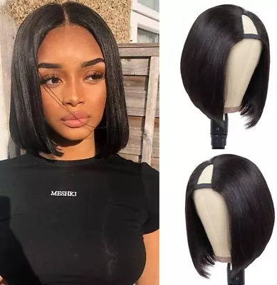 U Part Wig Human Hair Wigs For Black Women 10 Inch Short Bob Straight Wig Brazil • $69.10